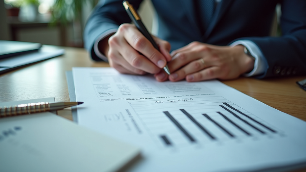 High angle view of a person reviewing insurance documents at a desk