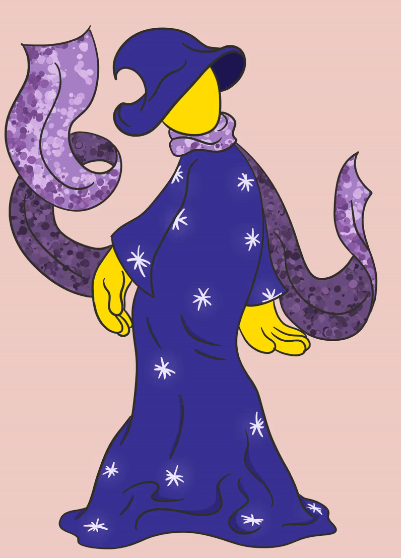 Animated mage character celebrating successful STEERY crowdfunding