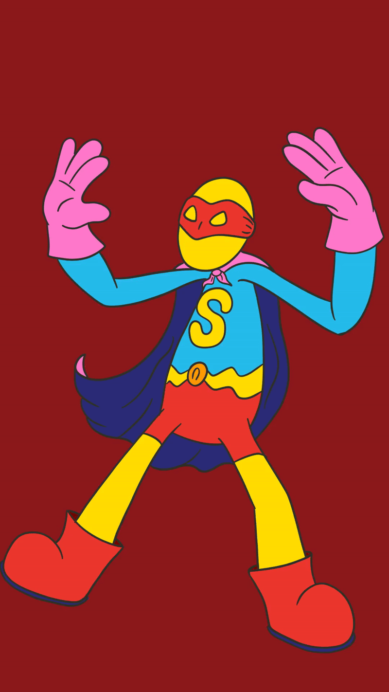 Animated superhero character from STEERY party game dancing