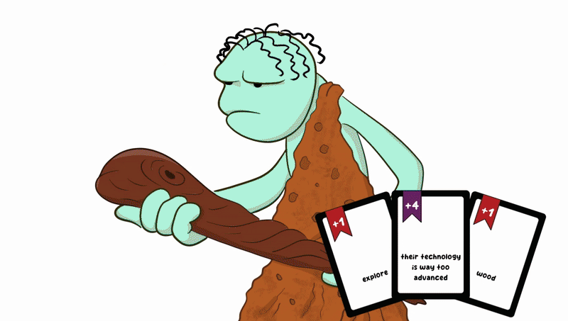 Animated players taking turns building collaborative story in STEERY party game - step 3