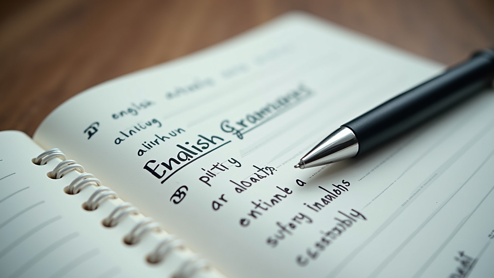 Close-up view of a notebook with English grammar notes and a pen