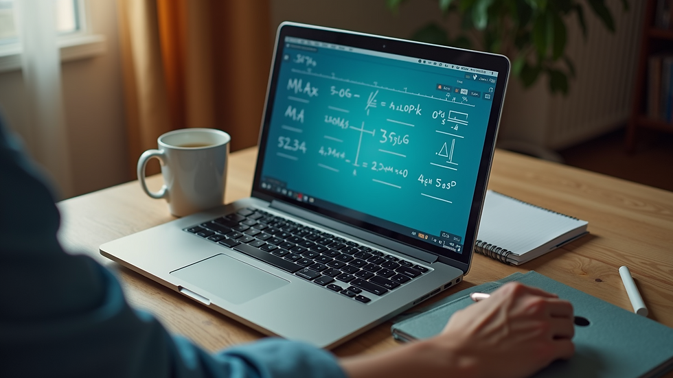 High angle view of a laptop screen showing an online math tutoring session