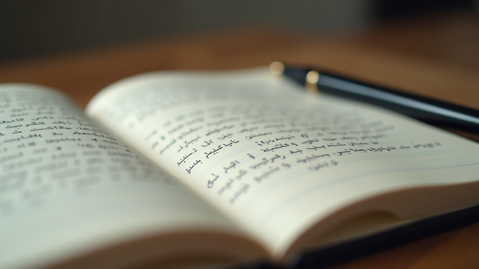 Close-up view of a notebook with Arabic script and a pen