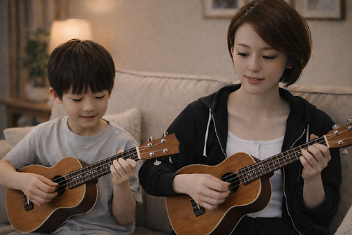 成人與孩子一起彈奏烏克麗麗的音樂學習情境