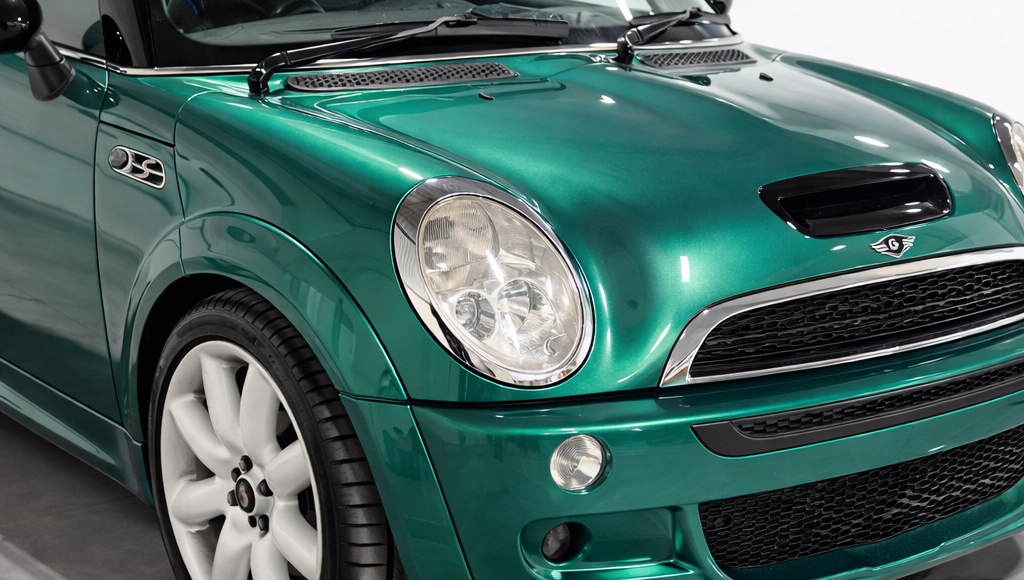 Green Mini Cooper parked in a bright showroom showroom