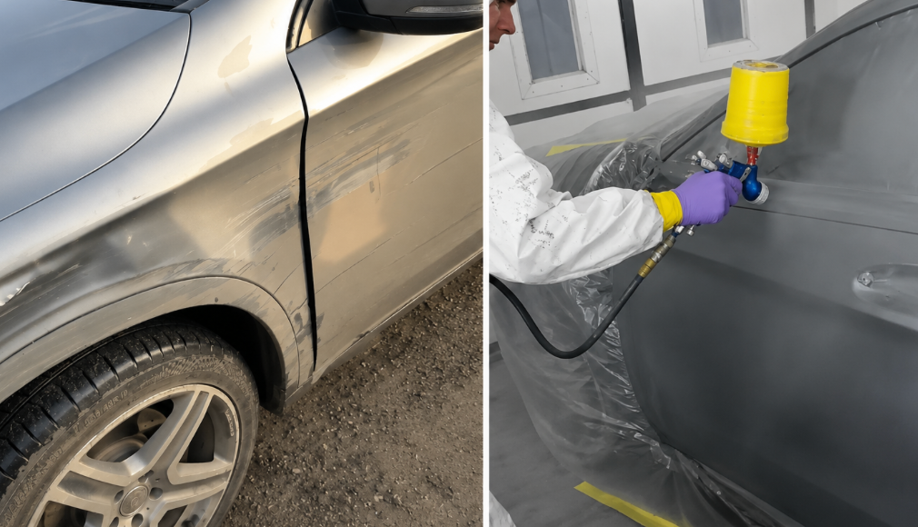 Before and in-process car dent repair and spray painting