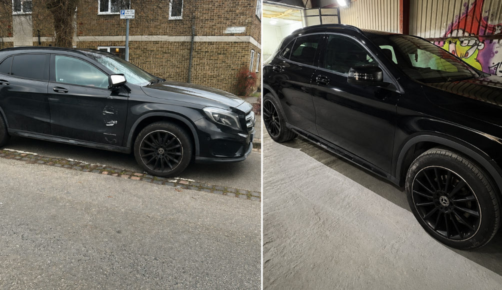 Before and after of black car body repair and detailing.