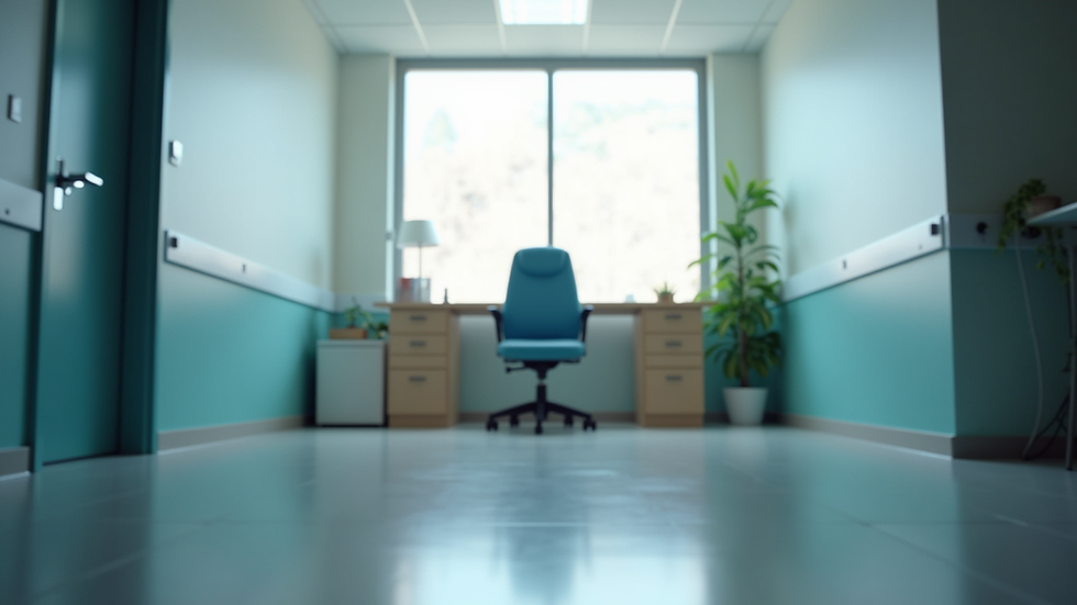 Eye-level view of a quiet medical office with a desk and chair