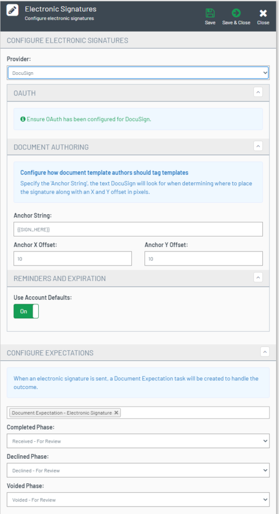 Interface of the Electronic Signatures configuration panel