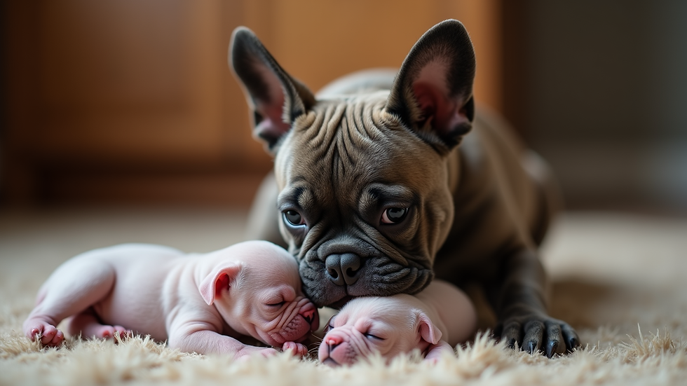 Close-up view of a French Bulldog mother caring for her newborn puppies