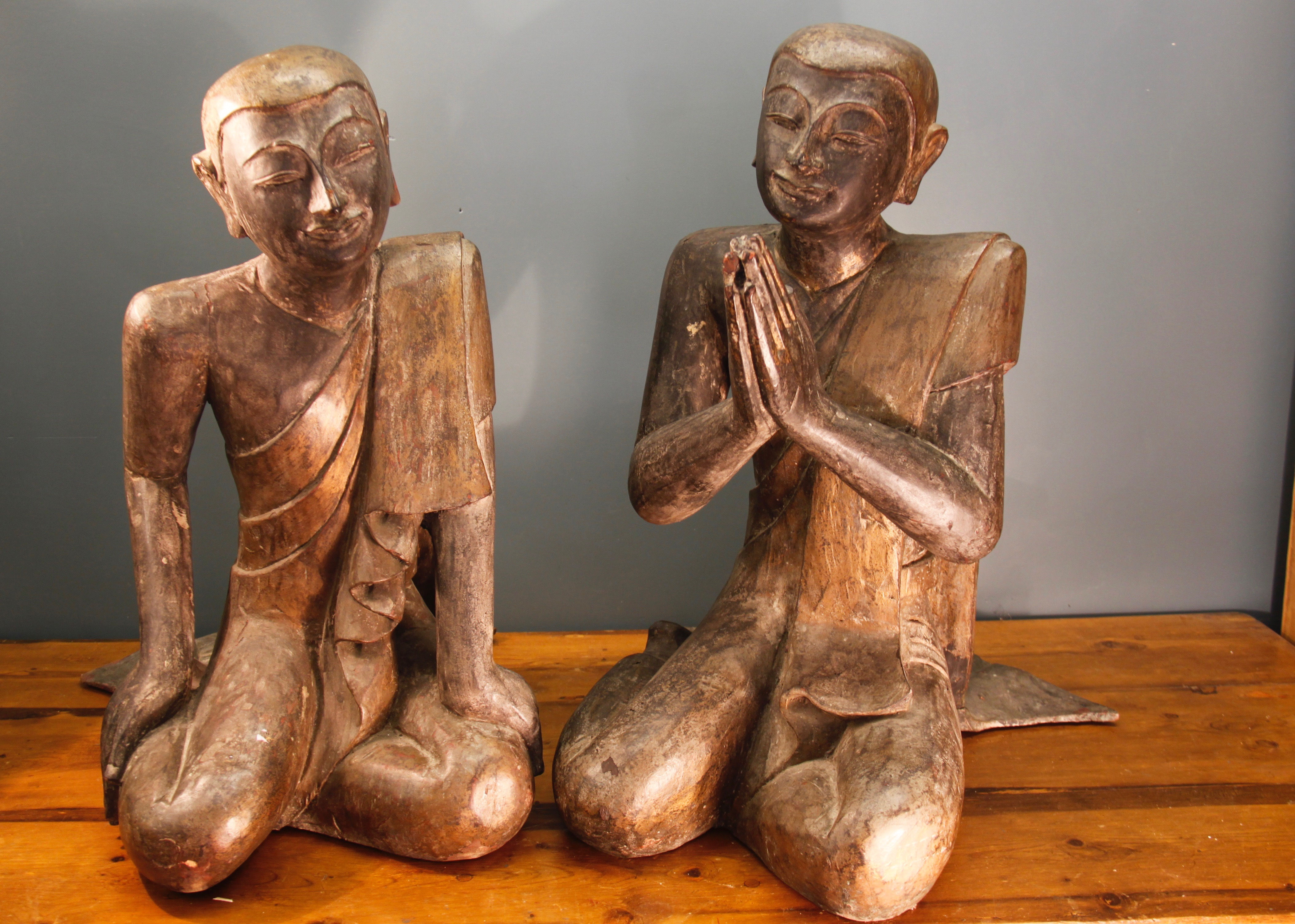 Amazing Very Large Pair of Antique Wood Carved Buddhas