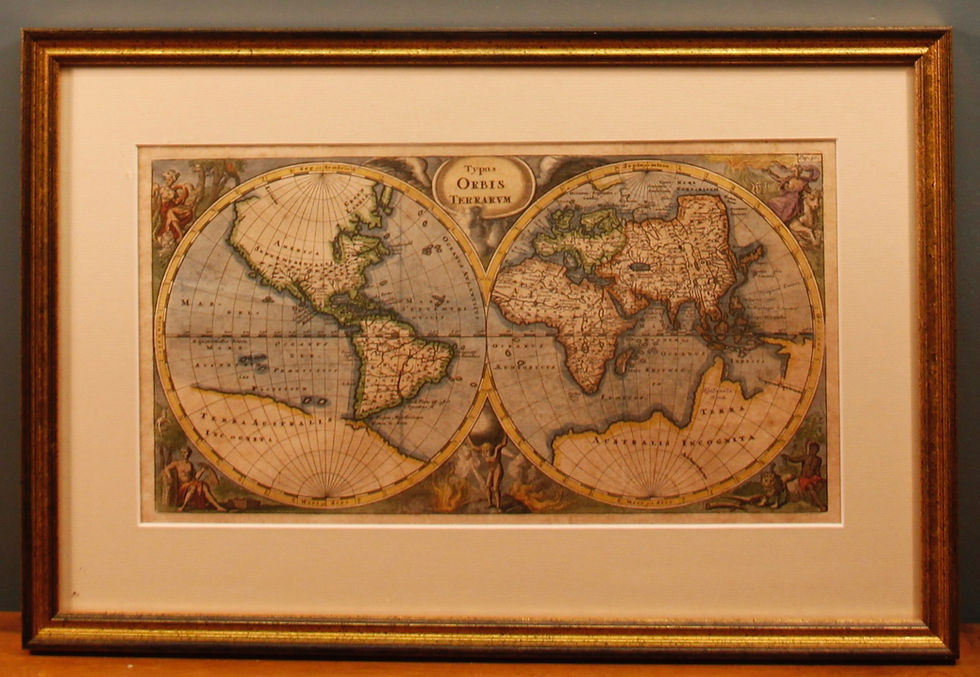 Framed World Map DeLat C1730. Hand Coloured.