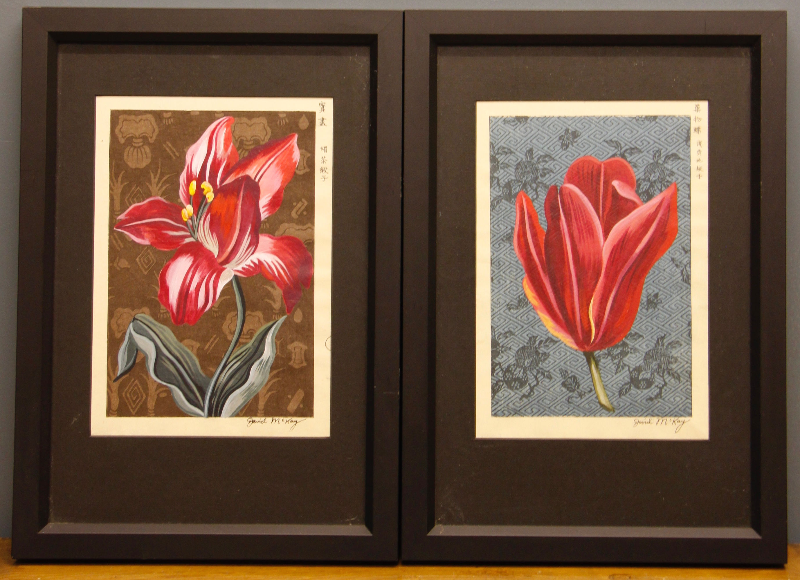 Framed Botanical Studies painted over Original Japanese Designs