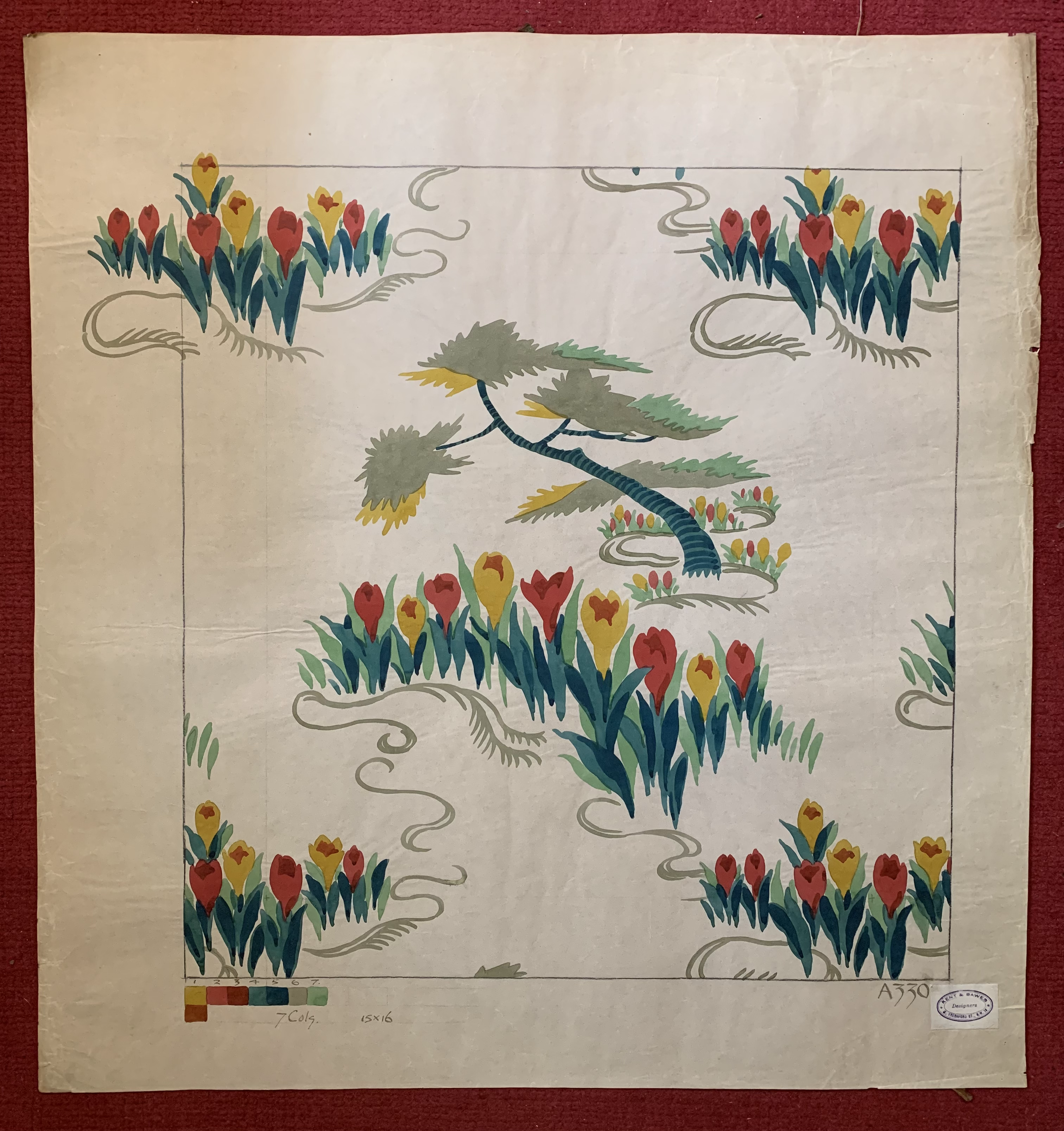 Beautiful Original Wallpaper Design Sample. Hand Painted. Early 20th Century