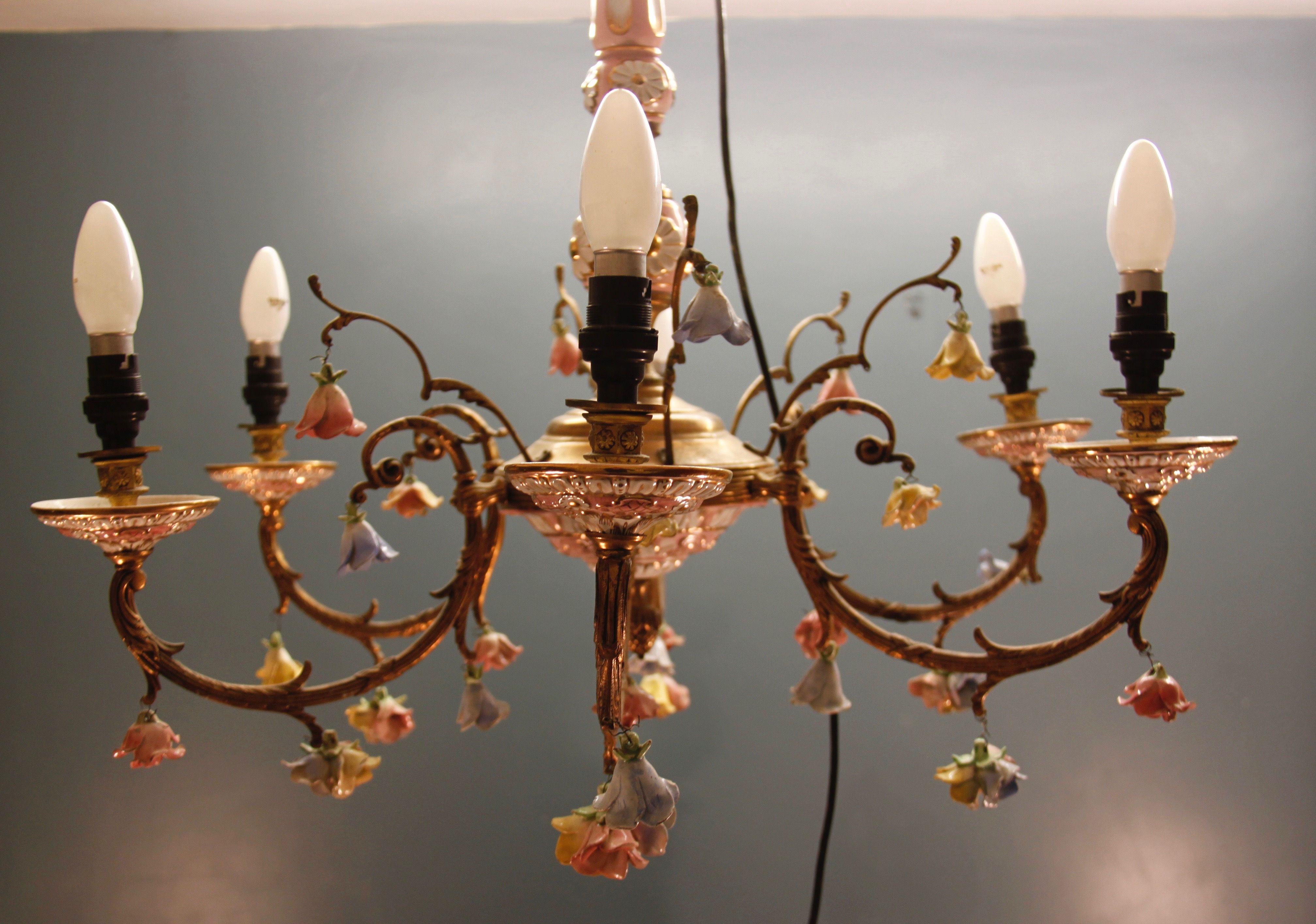 Colourful Brass and Ceramic Capodimonte Chandelier Light.