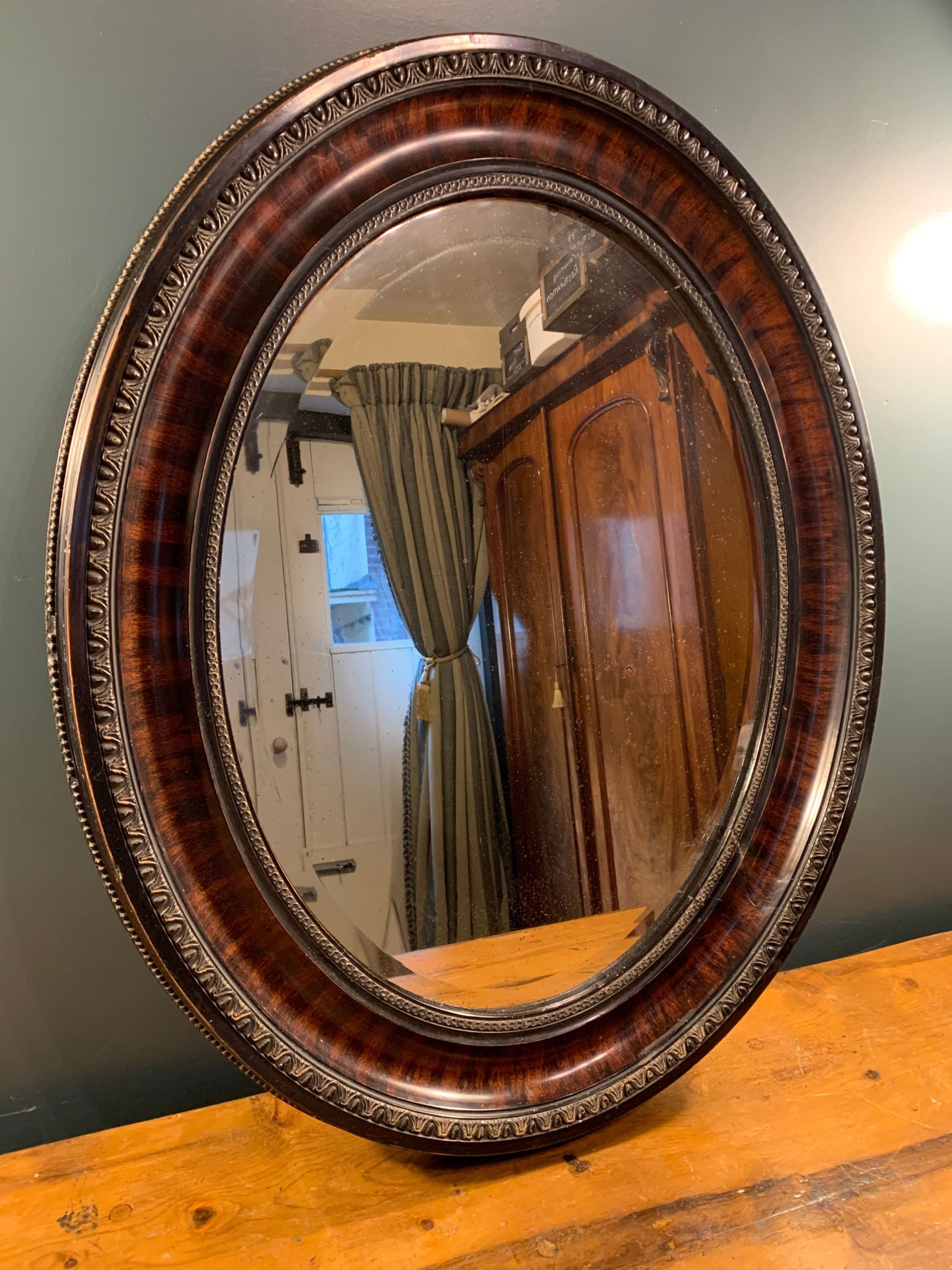 Wooden and Black Bevelled Oval Mirror