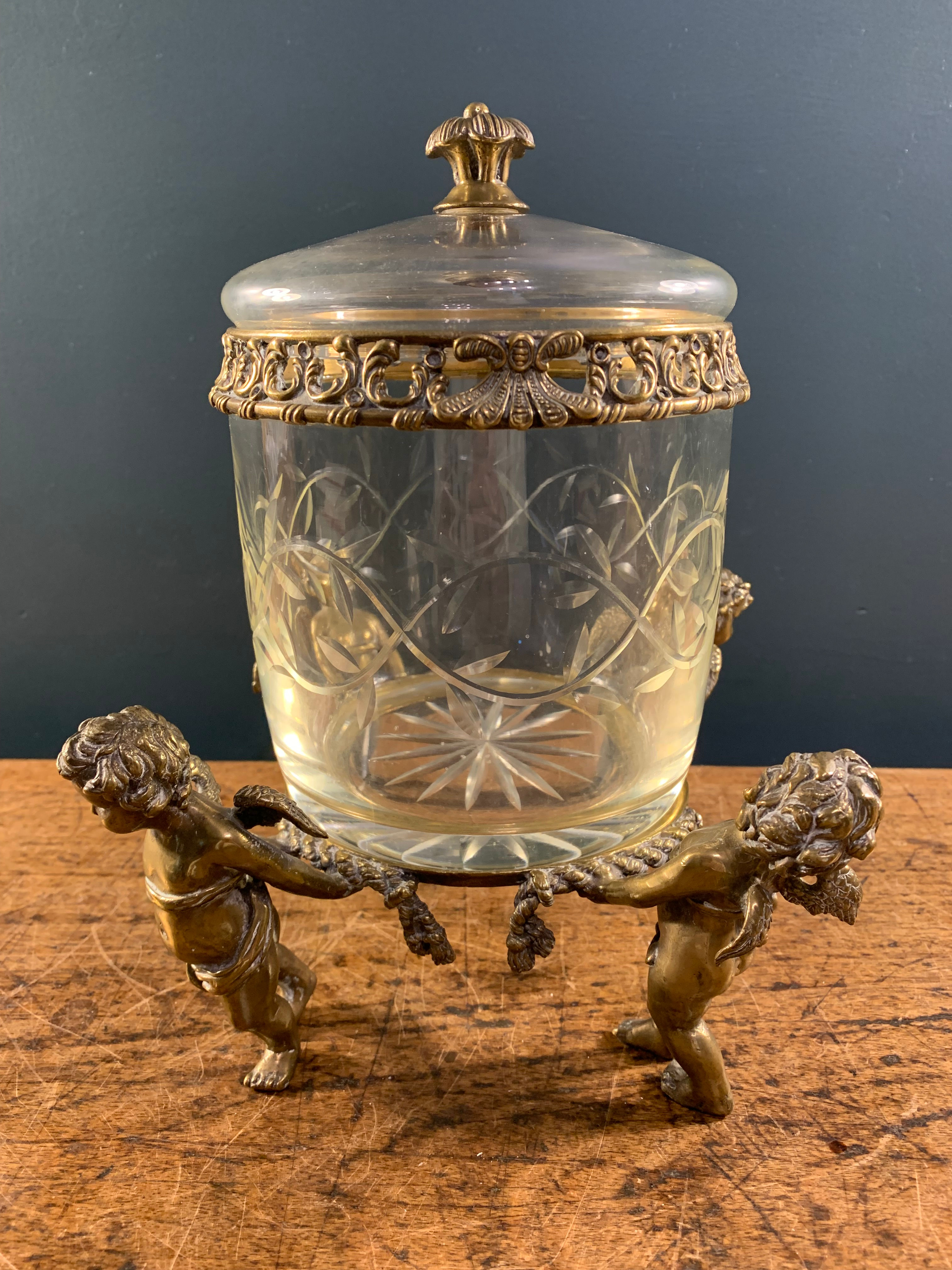 Brass and Glass Bobonniere with Cherubs.