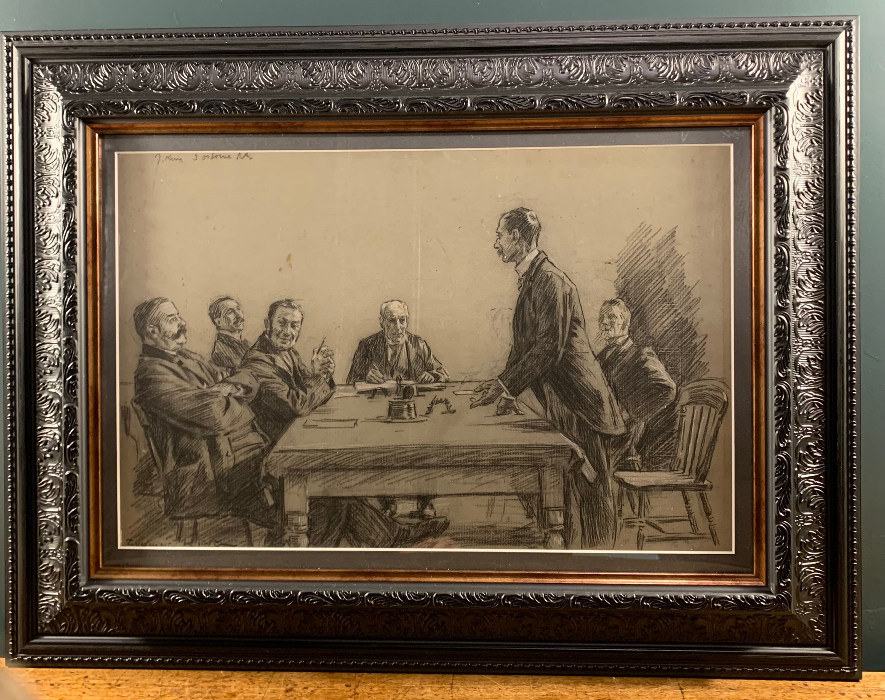 Men in a Boardroom in Pencil, Signed.