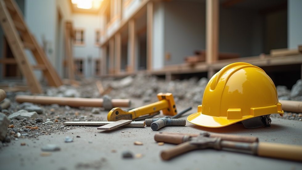 Close-up view of construction tools and renovation materials on site