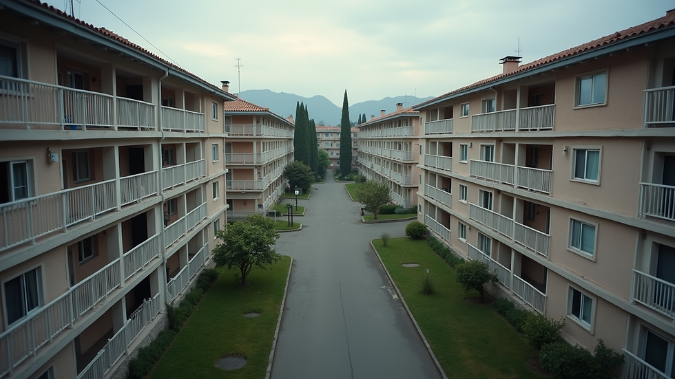 High angle view of a small apartment complex with multiple units