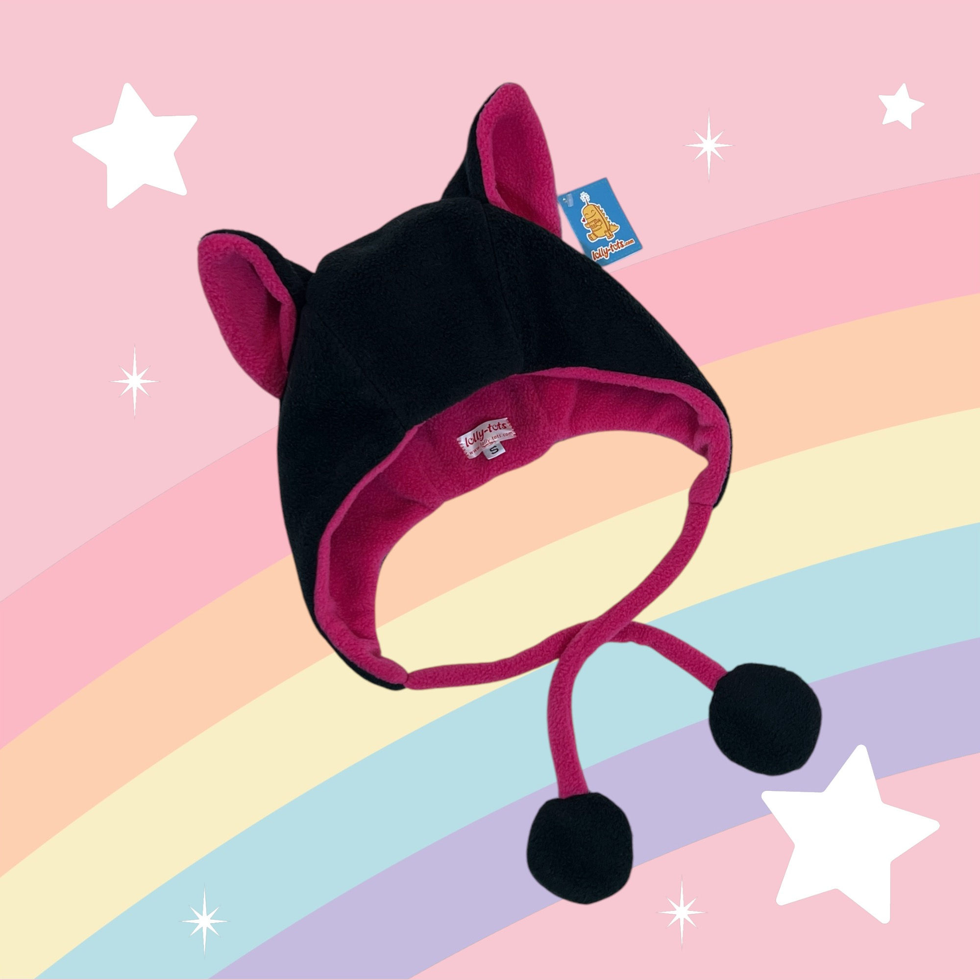 Cat Hat - black with hot pink lining - size small