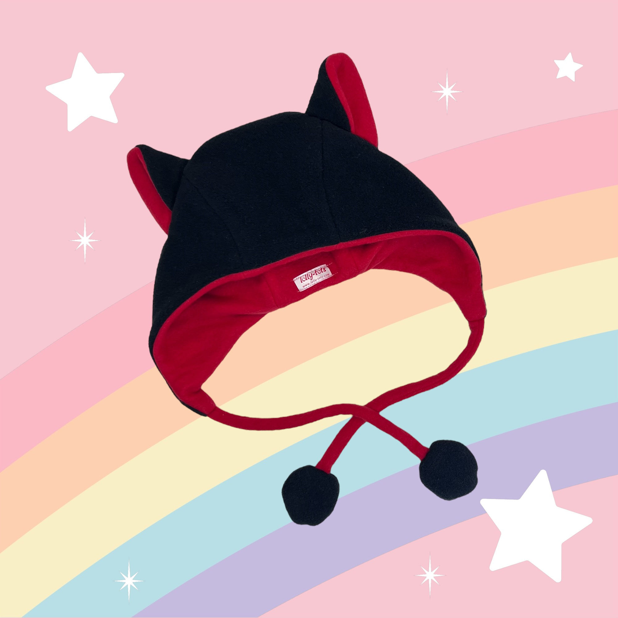 Cat Hat - black fleece with red lining - size large