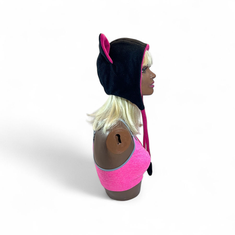 Thumbnail: Cat hat - black fleece w hot pink lining - size large