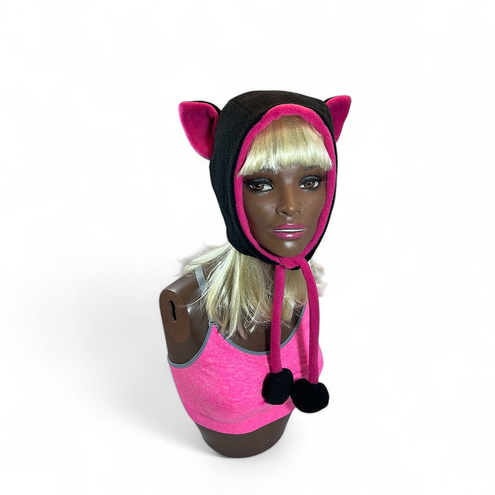 Thumbnail: Cat hat - black fleece w hot pink lining - size large