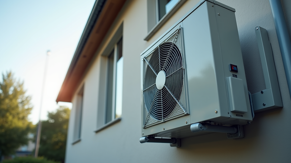 Close-up view of a modern air conditioning unit installed outside a building