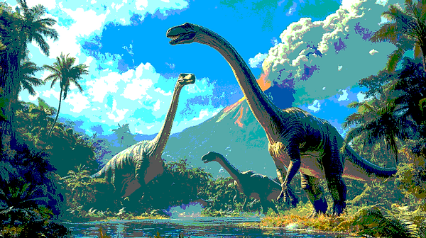 Pintura sobre los dinosaurios diplodocus, que representan a especies extintas y simbolizan el concepto de evolución