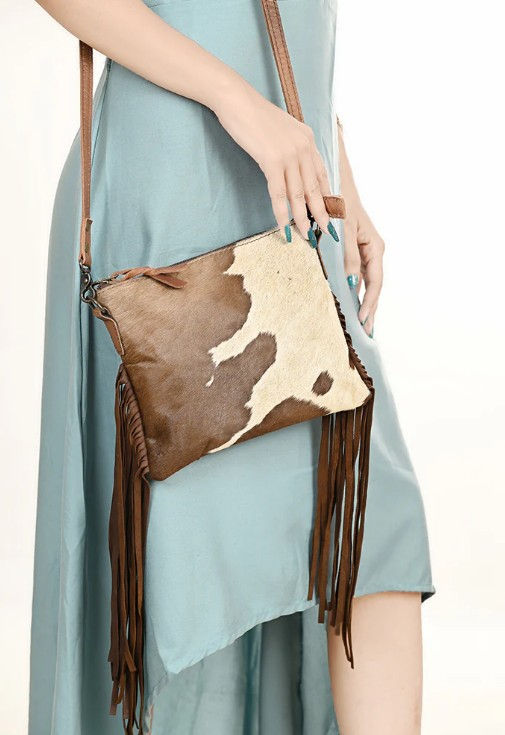 Thumbnail: Hair-On Cowhide Western Crossbody Bag with Leather Fringe