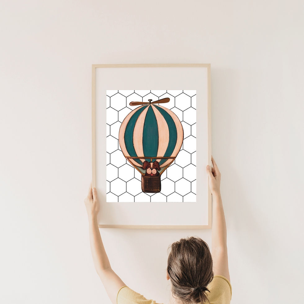 Thumbnail: Farmhouse art print of a vintage hot air balloon in Paris-style colors set against a chicken wire background.