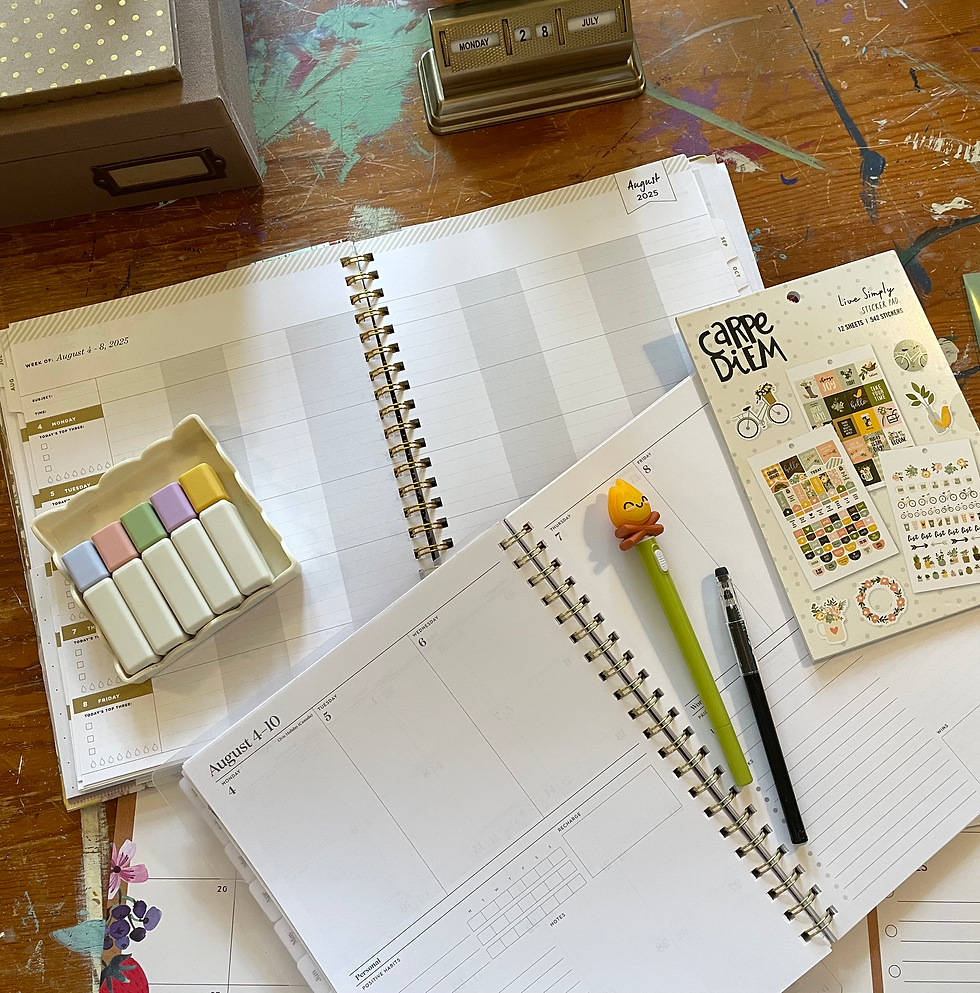 Teacher planner and standard planner on a desk with Altitude highlighters from Target and a Frixion erasable pen—creative planning essentials for busy moms, multitasking women, and mompreneurs organizing for back-to-school season.