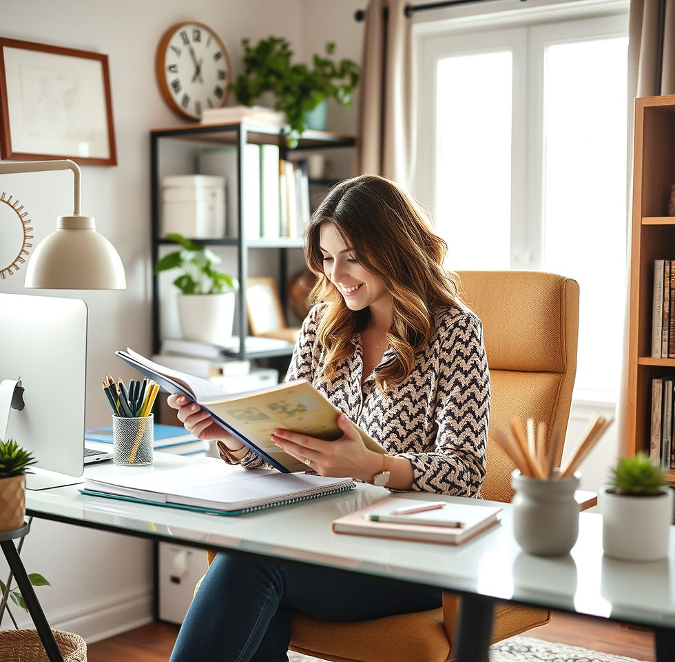 Woman in patterned blouse smiles while reading a book at a desk. Bright home office with plants, shelves, and a wall clock. Cozy mood.