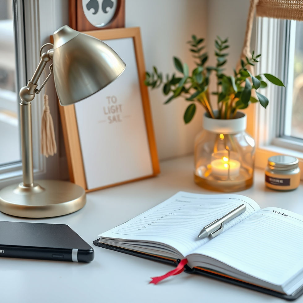 Open planner on a desk with a lamp in a clean, organized workspace—inspiring productivity and planning for busy moms, creative women, and mompreneurs during back-to-school season.