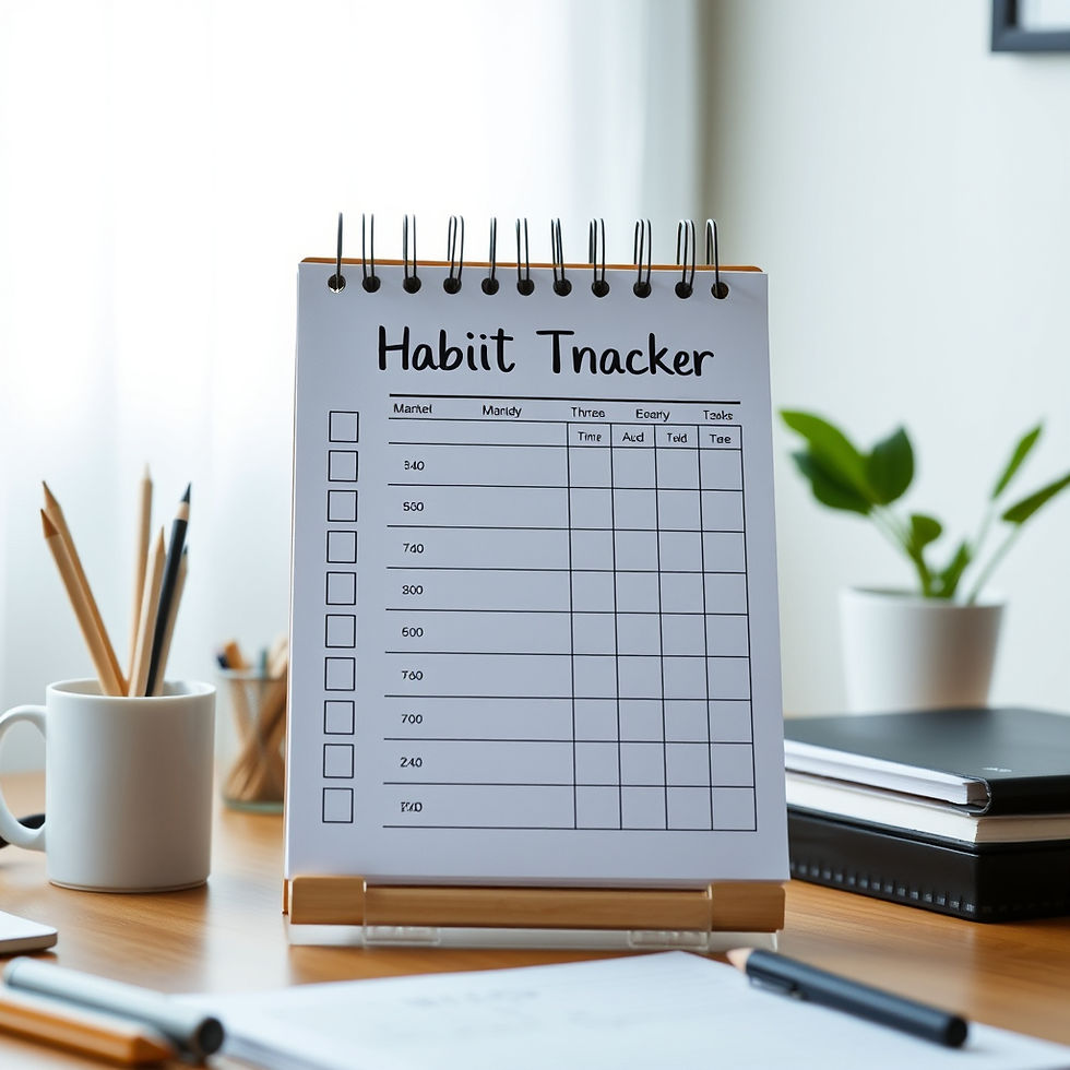 Habit tracker on a desk surrounded by colorful planners and pens—organization and productivity inspiration for busy moms, creative women, and mompreneurs during back-to-school season.