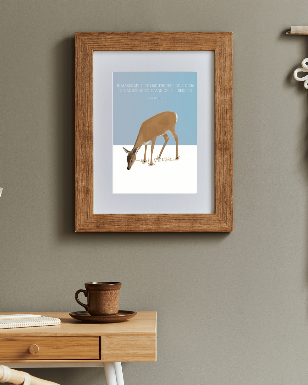 Thumbnail: Art print of a calm deer on white snow, surrounded by a peaceful winter scene with gentle, natural tones.