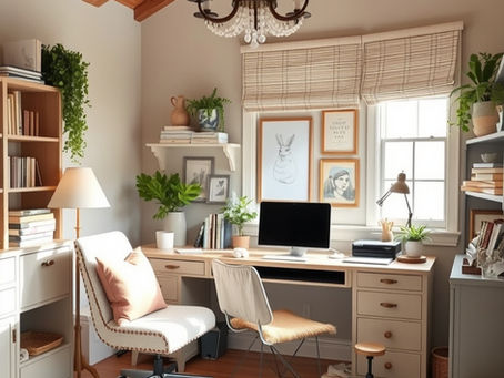 A bright, neutral-toned office filled with natural light, featuring organized shelves, tidy storage, and modern décor—creating an inviting, orderly workspace ideal for back-to-school or home business refresh.