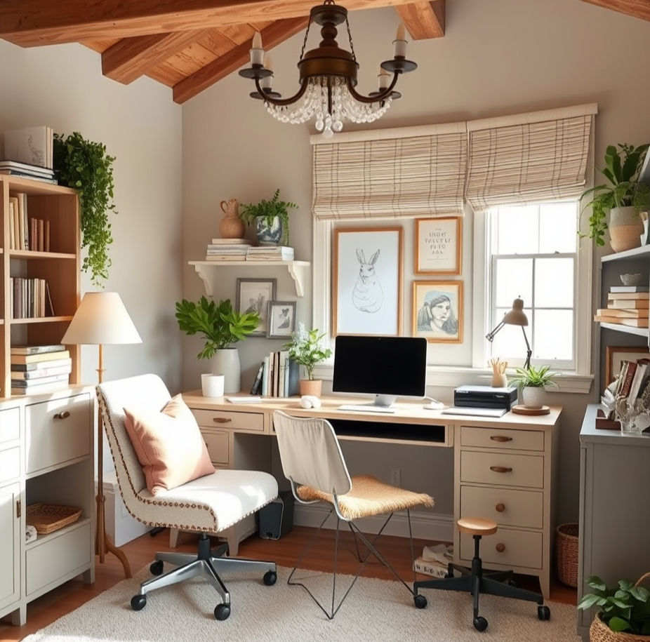Organized, creative home office with desk, colorful art, stylish bins, planners, and feminine decor—ideal for busy moms, creative women, and mompreneurs.
