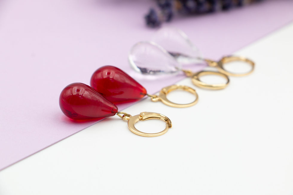 Thumbnail: Dangling Earrings  -  Glass Drops - Red