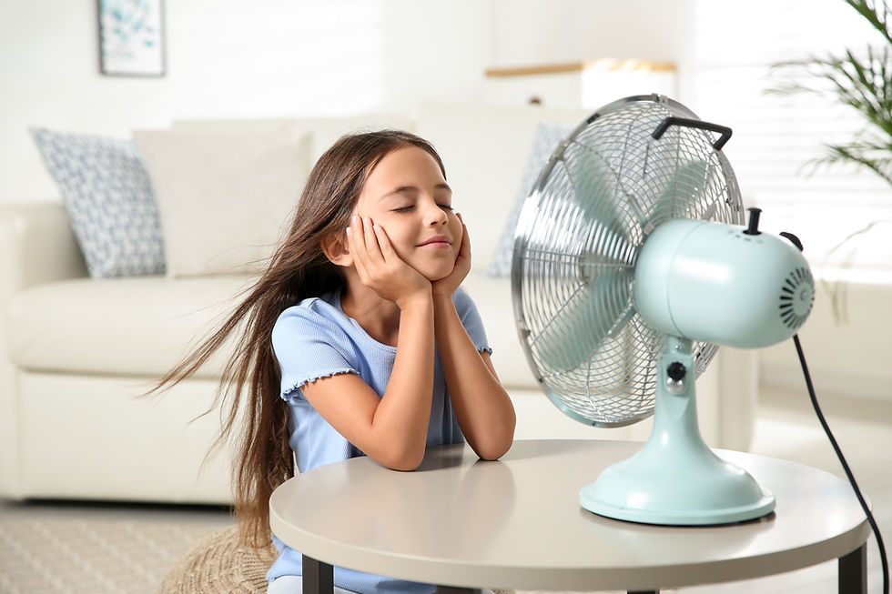 young girl with long brown hair sitting in front of fan 