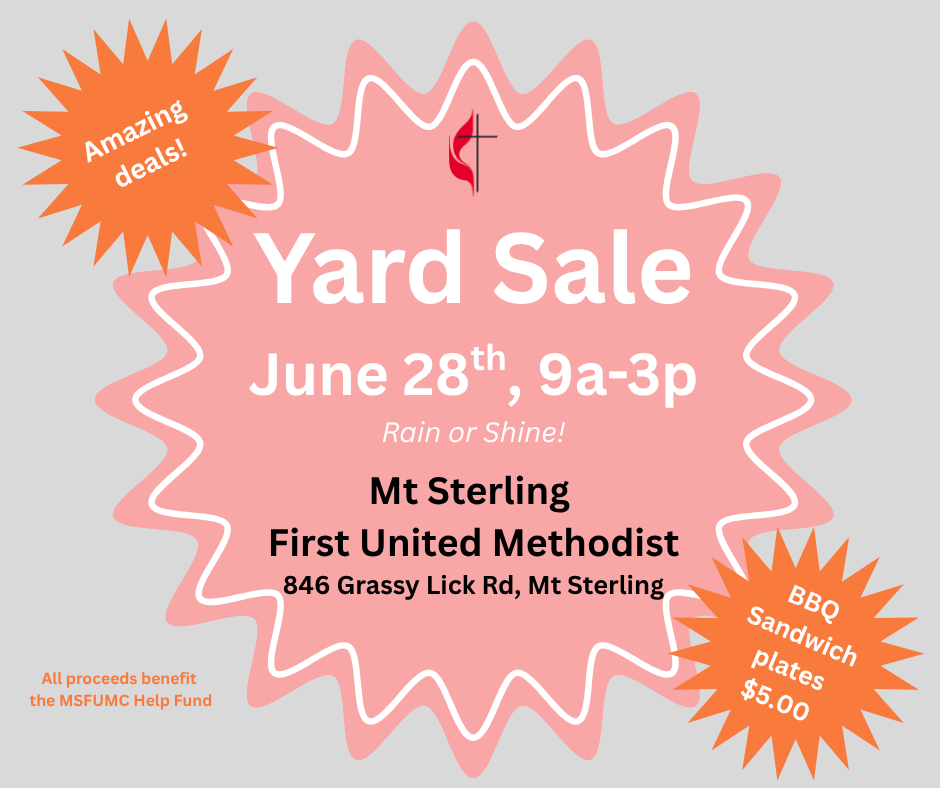 Drop by on Saturday, June 28th, for our annual churchwide yard sale!  There will be lots of great deals, including clothing, household items, and back to school supplies!  We accept cash, check, or Venmo!