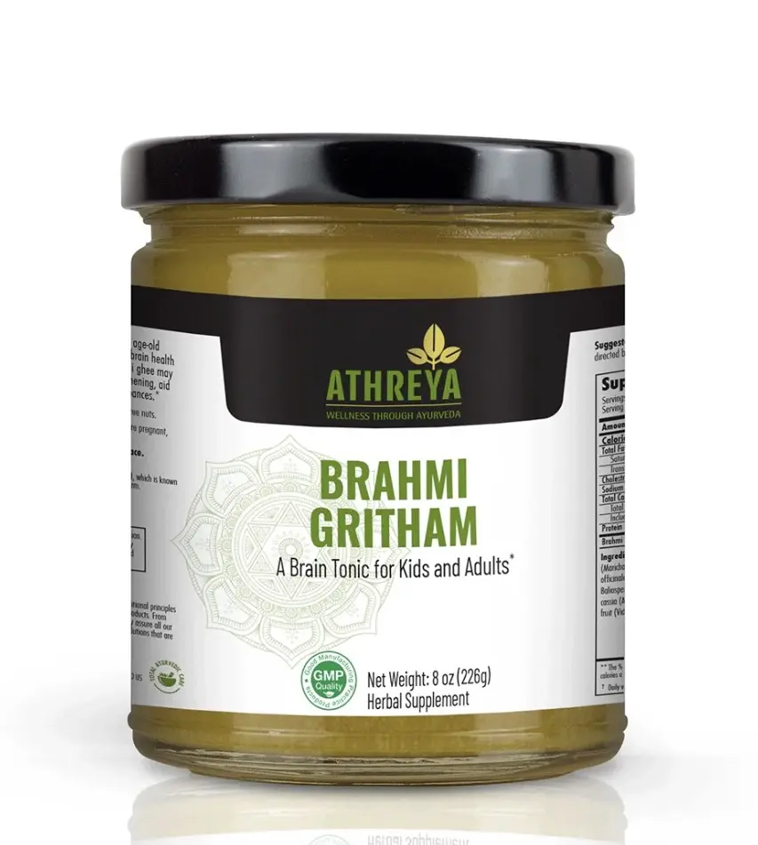 A jar of Athreya Herbs' Brahmi Gritham (Ghee). 