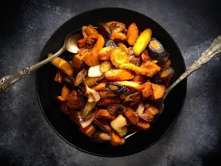 Roasted vegetables as an example of how to balance Kapha in spring with warm dry foods for Kapha.