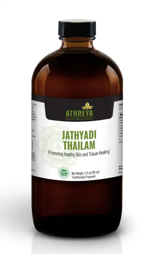 best massage oils: a bottle of jathyadi oil by Athreya