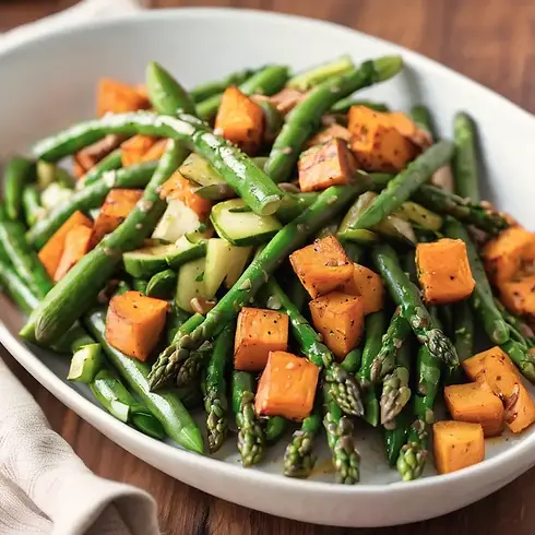 Sauteed Spring Vegetables on a serving platter representing Ayurvedic recipes.