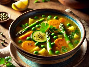 Light Ayurvedic Spring Vegetable Soup for balancing Kapha dosha.