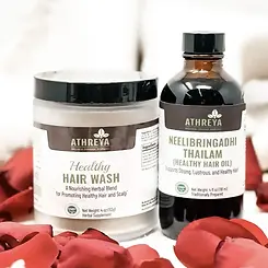The two products from this set: Healthy Hair Wash Powder with Neelibringadhi Oil.
