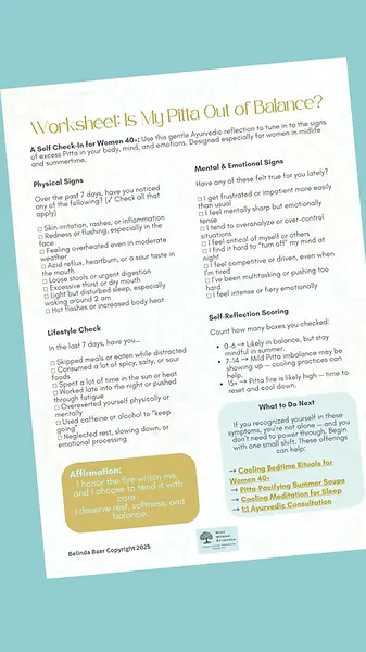A detailed self-assessment checklist titled Worksheet: Is My Pitta Out of Balance, featuring a midlife symptom check-in for skin inflammation, digestive acidity, and emotional heat.