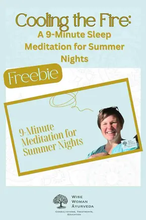 Thumbnail for the video with Belinda smiling. Text: Cooling the Fire: A 9-Minute Sleep Meditation for Summer Nights